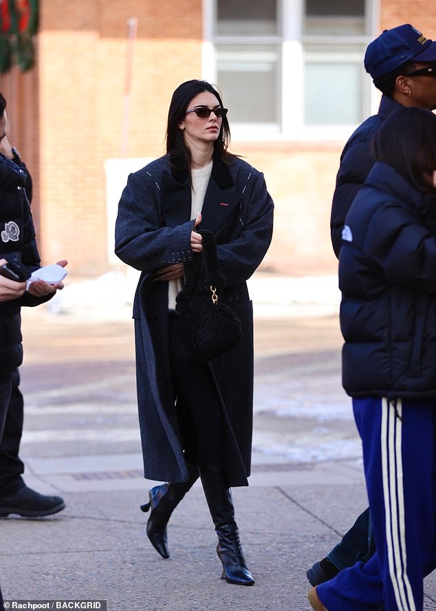 Couvert: Kendall portait également un pull Angora beige, des leggings noirs, de petites lunettes de soleil yeux de chat et un sac à main noir