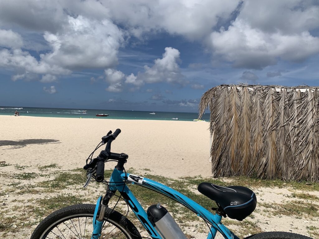 Vélo bleu sur le front de mer