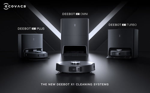 Image promotionnelle de trois nouveaux systèmes de nettoyage Ecovacs Deebot. 