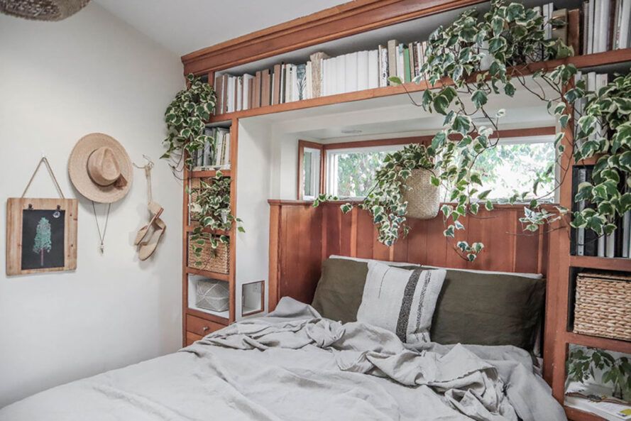 Un lit avec une étagère bordée autour et au-dessus couverte de plantes